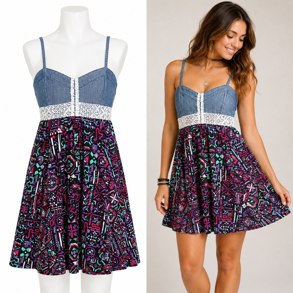 Empyre Mini Dress Womens Small Blue Denim Lace Geometric Smocked Festival Boho